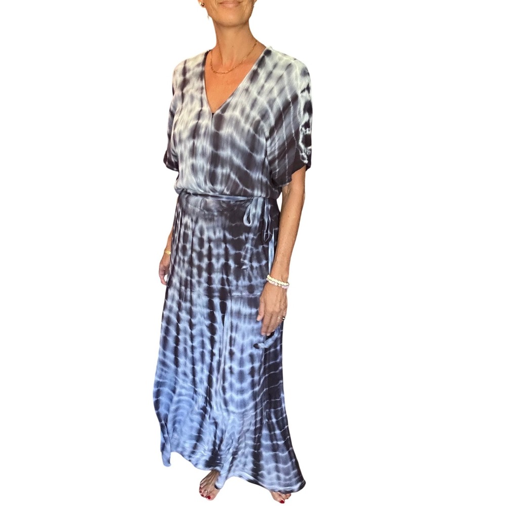 Knox Rose Rayon Blue White Tie Dye V-Neck Maxi Dress Short Sleeve Boho Belted - Picture 9 of 13